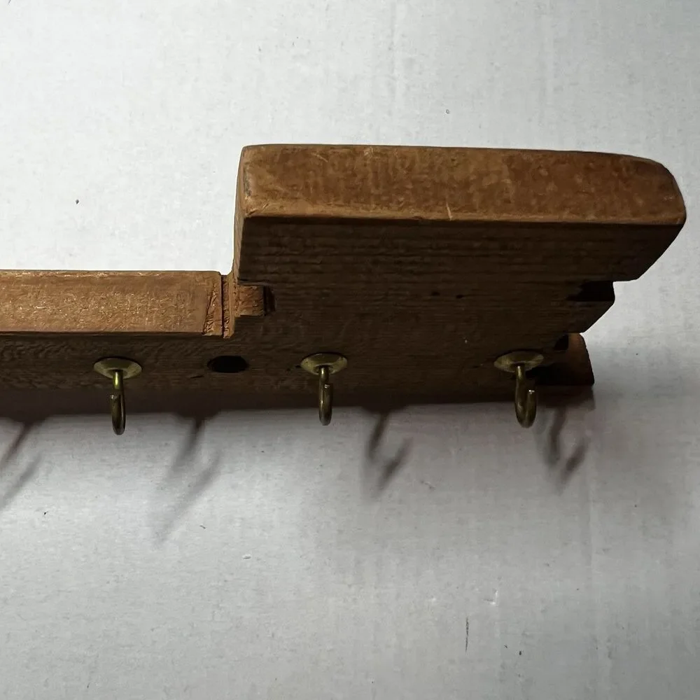 Vintage Wooden Key Shaped Wall Key Holder Rack 10 Brass Hooks Lightweight Rustic